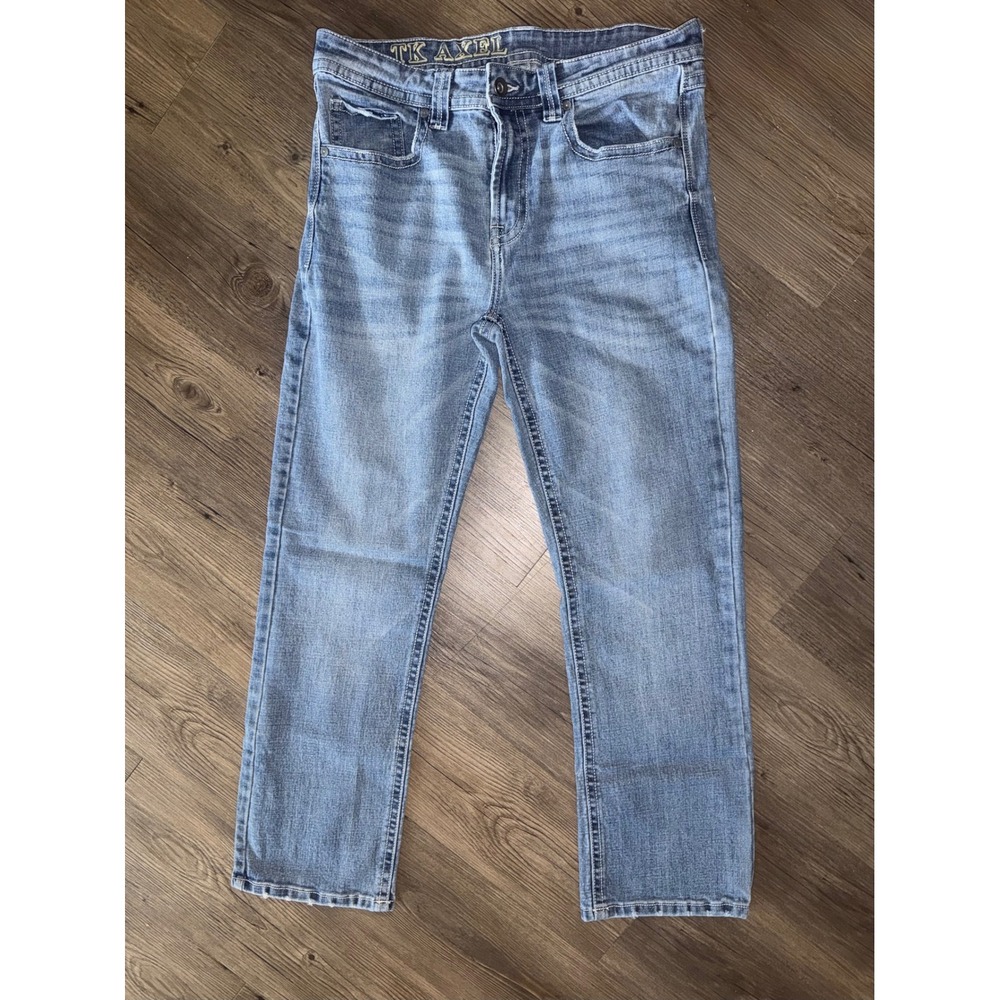 TK Axel Mens Straight Leg Jeans Light Wash Blue Denim 34x32 Distressed Pockets